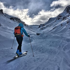 ski mountaineering  ski-alp backcountry ski in Aosta Valley on a cloudy day