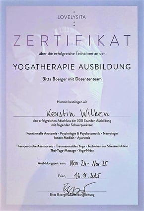 Zertifkat Yogatherapie-Ausbildung 300 Stunden