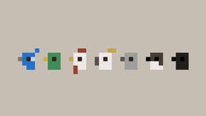 Une devinette - graphique pixel art, qui représente 7 têtes des oiseaux sur un fond beige dessiné par Franciszek Nowotniak.