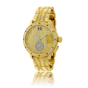 Damenuhr in Gelbgold mit Brillanten und pinken Saphiren aus der Himalaja Kollektion und angefertigt auf Kundenwunsch von der Goldschmiede OBSESSION Zürich und Wetzikon