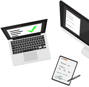 Laptop, Computer und Klemmbrett mit digitalem Stift