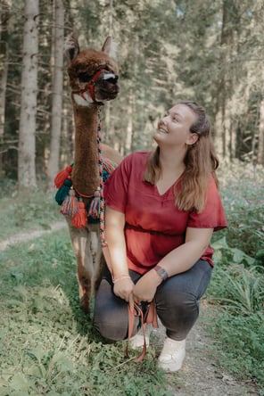 Teilnehmer eines Teamevents mit Alpaka am Pointnerhof