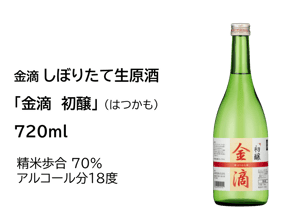 しぼりたて生原酒　「金滴　初醸」（はつかも）720ml