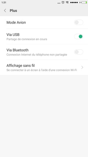 Paramètres smartphone partage de connexion