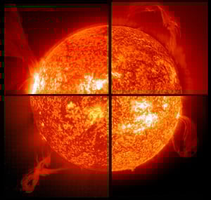 Eine Collage von riesigen Protuberanzen: Die Bilder im Uhrzeigersinn, Start oben links, vom: 15.05.2001, 28.03.2000, 18.01.2000 und 02.02.2001 (Bildquelle: NASA, SOHO)