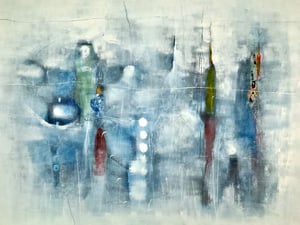 "Sospeso in un prato celeste", 2014  Tecnica mista, 130 x 99 cm