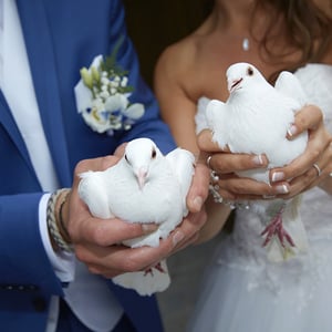 Mariage cérémonie religieuse sorite des mariés et lancé de colombes 