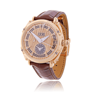 Gremlin Herrenuhr in Rot- und Weissgold mit einem rotbraunen Lederarmband angefertigt auf Kundenwunsch von der Goldschmiede OBSESSION