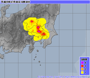気象庁レーダー・ナウキャスト(降水・雷・竜巻)：関東地方午後4時30分　http://www.jma.go.jp/