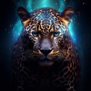 Ein Jaguar mit blauen Augen vor dunklem Hintergrund umgeben von blauem Licht, im Stil des Realismus mit Fantasy-Elementen, helles Cyan und dunkles Bernstein, kraftvolle Symbolik