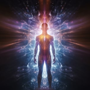 Der Mensch steht vor einem hellen Licht, um Spiritualismus darzustellen, im Stil eines dynamischen Energieflusses, menschlicher Anatomie, gespiegelter Bereiche, Celestialpunk, sehr detailliert