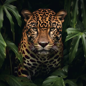 Ein Jaguar der aus der Dunkelheit des Duschungels zwischen grünen Blättern hervor kommt