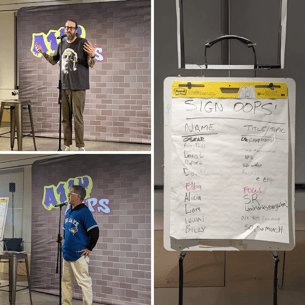 3分割で表示された写真：左上A11yOops主催者、左下スピーチしている植木、右に模造紙に書かれたエントリー