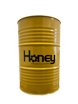 Fût de 300kg d'un Miel de Nouvelle-Zélande avec couleur jaune écrit Honey PURE NEW ZEALAND HONEY
