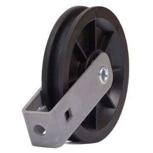 Carrucola da Ø 90 mm in plastica antiurto con cuscinetto a sfera con staffa di montaggio fissa per cavi fino a Ø 7 mm