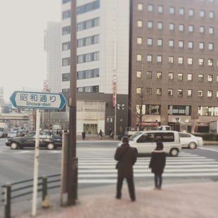 しばらく進んで頂くと昭和通りという信号機のある大通りに出ます。信号を渡って右折をお願い致します。