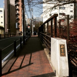 信号を左折してから少し直進しますと首都高の上にかかる新富橋が見えてきますので橋をお渡り下さい。