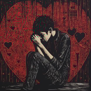 Mann sitzt traurig am Boden Hände vor dem Gesicht im Hintergrund grosses rotes Herz illustritert mit kleinen Herzen darin, im Stil der Punk-Kunst, Hell-Dunkel-Holzschnitte, rot und schwarz, zerrissene Kanten, extrem detailliert, Post-Graffiti