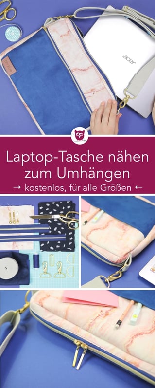 [Werbung] Laptop-Tasche nähen zum Umhänge: #laptoptaschelaila mit Reißverschluss, gut gepolstert für 14 Zoll und mit Anleitung für alle Größen. Kostenlose Anleitung / Freebie. Laptopsleeve aus Kunstleder und Canvas mit Fächern. Nähanleitung von DIY Eule