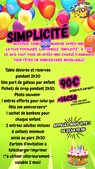 "Formule Simplicité" 90€ pour 6 enfants, +14.50€ par enfant supplémentaire