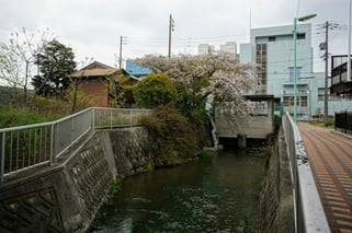 大江筋(ひいては庄内用水)はじまりの地。奥は三階橋ポンプ所