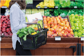 Einkaufskorb schwarz 2-Arm-Variante, schwarzer Einkaufskorb mit zwei Tragegriffen vor Obstregal