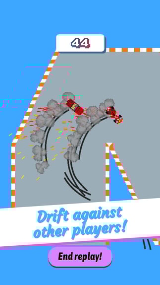 Drifting around a corner in Elite Drift with indicators showing where racers have crashed