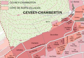 Carte du vignoble de Gevrey-Chambertin en Bourgogne. Extrait du livre Les Vins de Bourgogne - Gotti-Pitiot - Collection Pierre Poupon