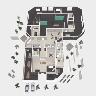 Grundriss Plan 3D von Oben, Museum Atelier Office Restaurant Wohnen alles in einem Gebäude Komplex