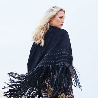 BLACK SUEDE WRAP WITH LEATHER FRINGES