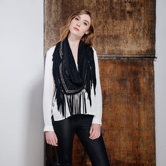 CHRISTA - SMALL SUEDE FRINGE SHAWL OR WRAP - BLACK WITH SILVER STUDS