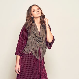 MEIDUM KHAKI SUEDE FRINGE SHAWL WITH STUDS