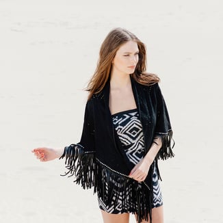 BLACK SUEDE KIMONO WITH STUDS AND FRINGES