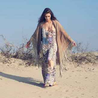 BEIGE SUEDE WRAP WITH LEATHER FRINGES