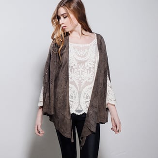 TAUPE SUEDE CAPE WITH ARMHOLES AND EMBROIDERY