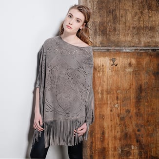 GREY SUEDE PONCHO WITH FRINGES AND STUDS