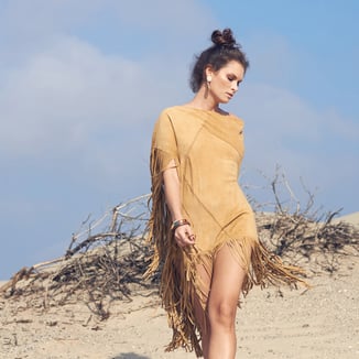 SAFFRON SUEDE PONCHO WITH EXTRA LONG FRINGES