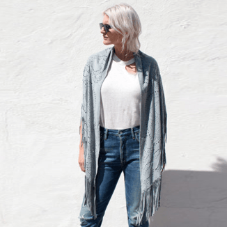 LEATHER SUEDE  SKY BLUE SHAWL WITH FRINGES