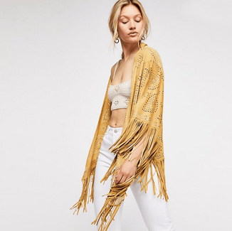 SAFFRON MARYGOLD RUBY SUEDE SHAWL WITH FRINGES AND SILVER STUDS
