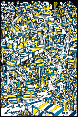 angelehnt an James Rizzi und Hundertwasser, Gemälde Überwindungsleben von Veronika Spleiss