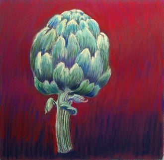 Alcachofa, purpura, pastel 20x20 Sylvie Berman artista pintora