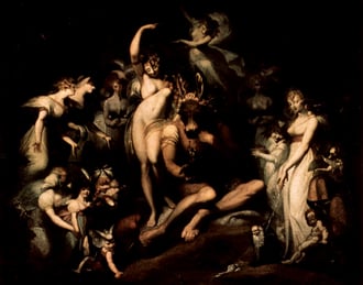 Die Elfenkönigin Titania streichelt den eselsköpfigen Zettel-Johann Heinrich (1741–1825)