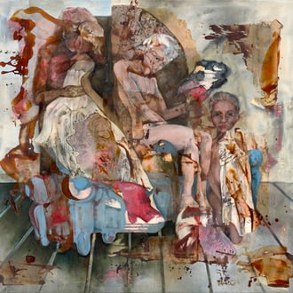 Maria Wirth – Family Couch, 160 x 160cm, oil, shellac, ash on canvas, 2024