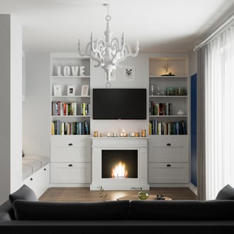 Projekt wnętrza salonu z kominkiem