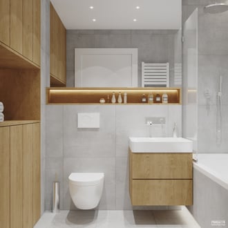 Projekt wnętrza łazienki z akcentami drewna i betonu