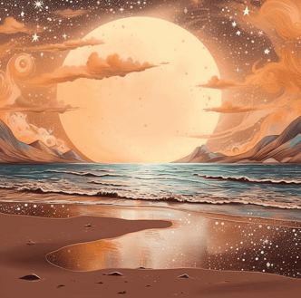 Eine Illustration eins Vollmondes am Strand mit spiegelung auf den Wellen und Sternen am Himmel, in Gelbtönen gehalten