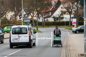 Innerorts einen Abstand von 1,5 Metern zum Radfahrer einhalten, außerorts beträgt er zwei Meter.