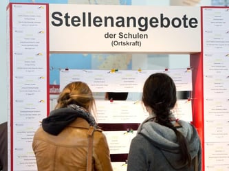 Aushang mit Stellenangeboten für Pädagogen auf der Bildungsmesse Didacta. Foto: Sebastian Kahnert/Archiv