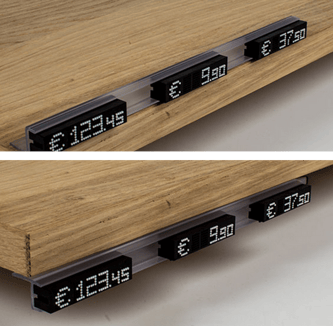 Modulprofil selbstklebend transparent 90° mit Klebestreifen unten, Abbildung mit TAXOM 800 Preismodul in schwarz