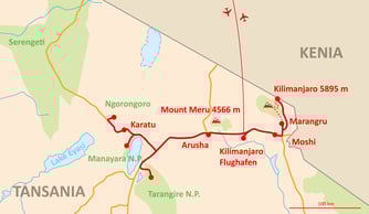 Landkarte Reise Tansania Kilimanjaro Rongai mit Safari Ngorongoro Tarangire